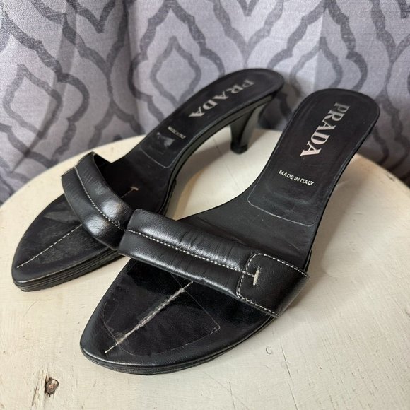 Prada Kitten Heels US 8 Black Open Toe Stitching IT 38 Shoes Women Slip On - Picture 5 of 15